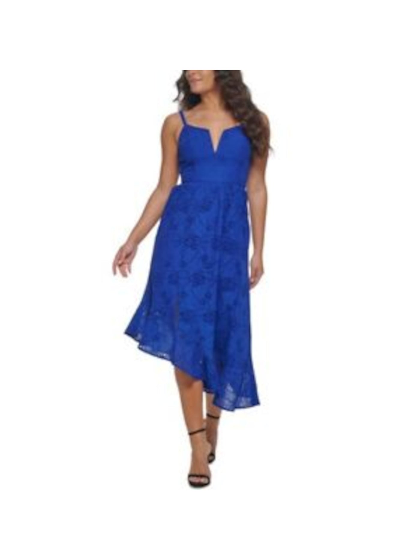 GUESS Womens Blue Eyelet Zippered Padded Bust Lined Asymmetric Hem Spaghetti Strap Split Tea-Length Fit + Flare Dress 8