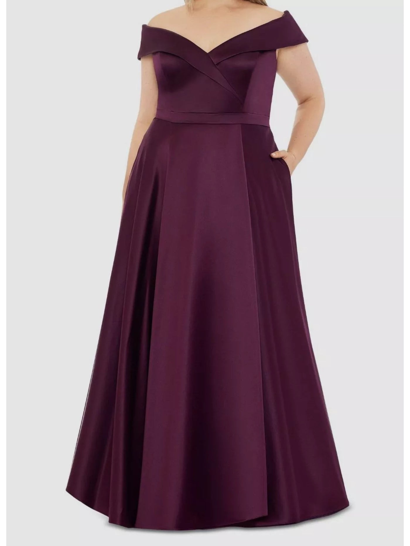 XSCAPE Womens Purple Zippered Lined Padded Slitted Short Sleeve Off Shoulder Full-Length Formal Fit + Flare Dress Plus 16W