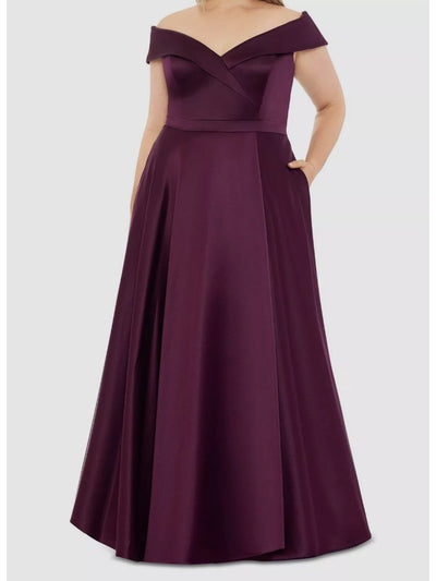 XSCAPE Womens Purple Zippered Lined Padded Slitted Short Sleeve Off Shoulder Full-Length Formal Fit + Flare Dress Plus 16W