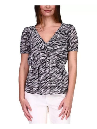 MICHAEL KORS Womens Gray Sheer Elastic Waistband And Cuff Lined Printed Short Sleeve V Neck Wear To Work Top XXS