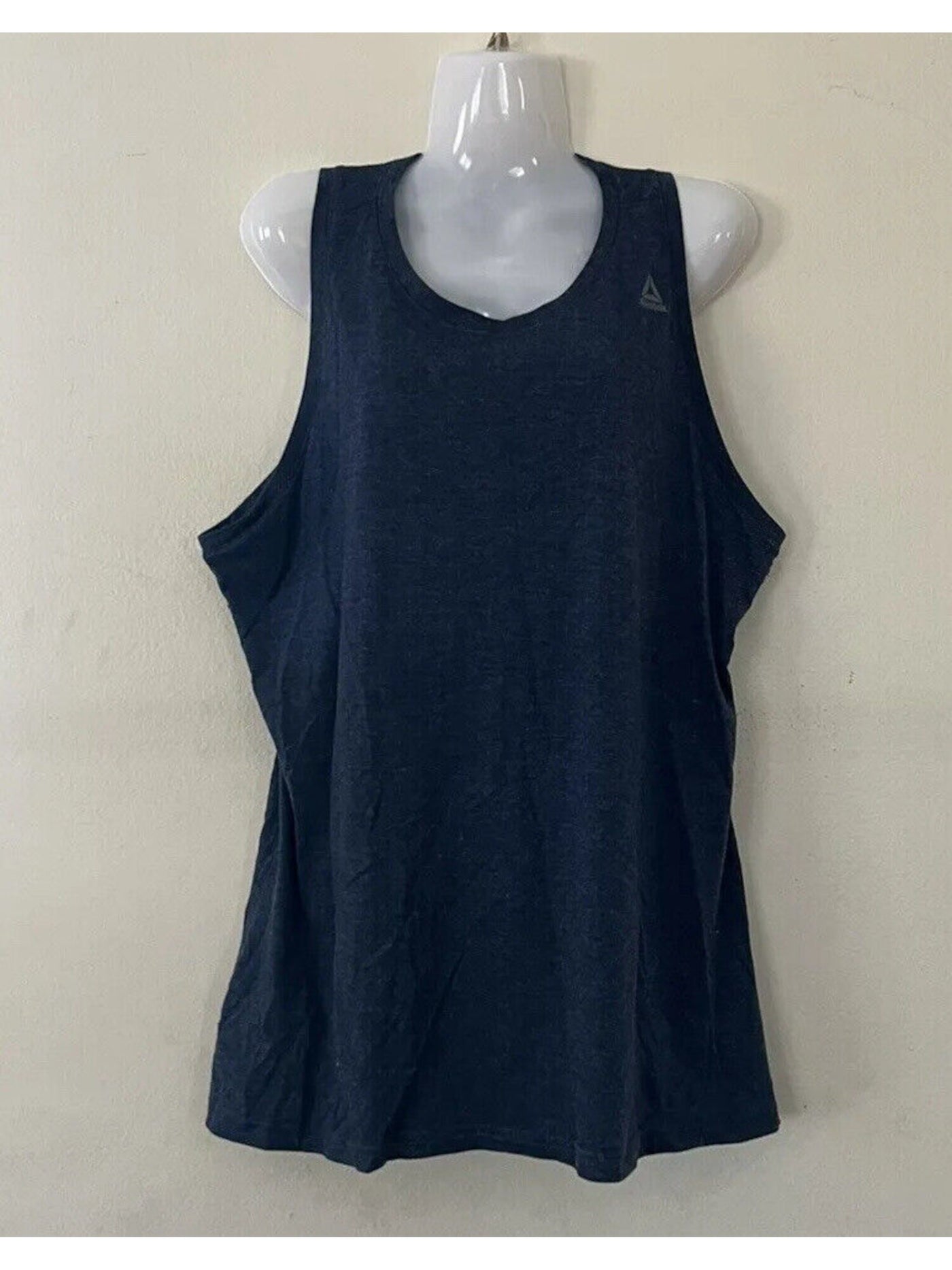 REEBOK Womens Navy Stretch Racerback Reflective Logos Curved Hem Sleeveless Scoop Neck Active Wear Tank Top S
