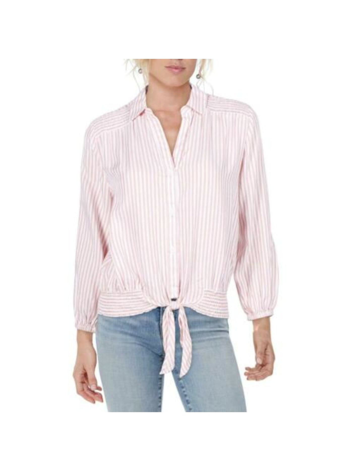 TWELVE O TWO Womens Pink Smocked Tie-front Striped Long Sleeve Collared Button Up Top L