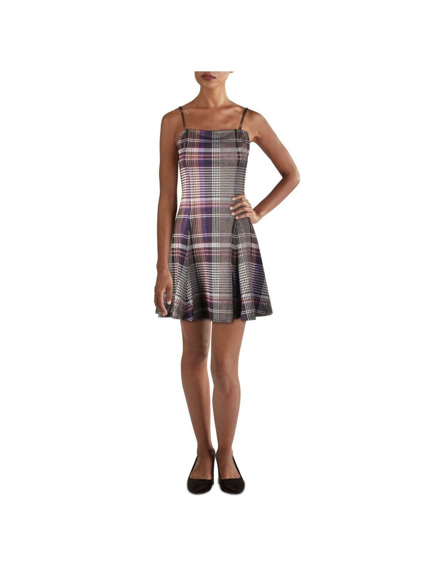 AQUA Womens Purple Tartan Plaid Spaghetti Strap Short Fit + Flare Dress Size: S