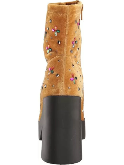 BETSEY JOHNSON Womens Gold Embellished Padded Harriet Round Toe Block Heel Zip-Up Heeled Boots 11 M