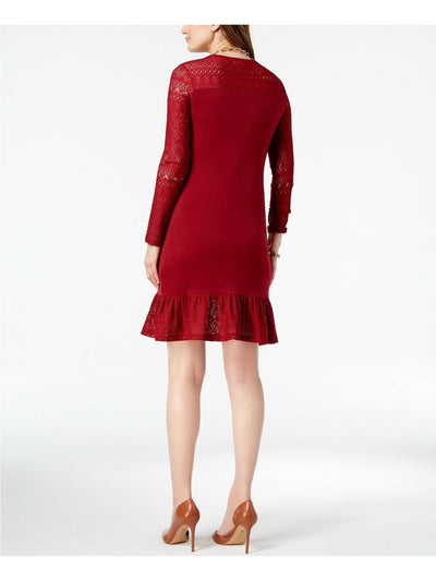 MICHAEL KORS Womens Maroon Lace Flounce Hem Long Sleeve Above The Knee Fit + Flare Dress Petites P
