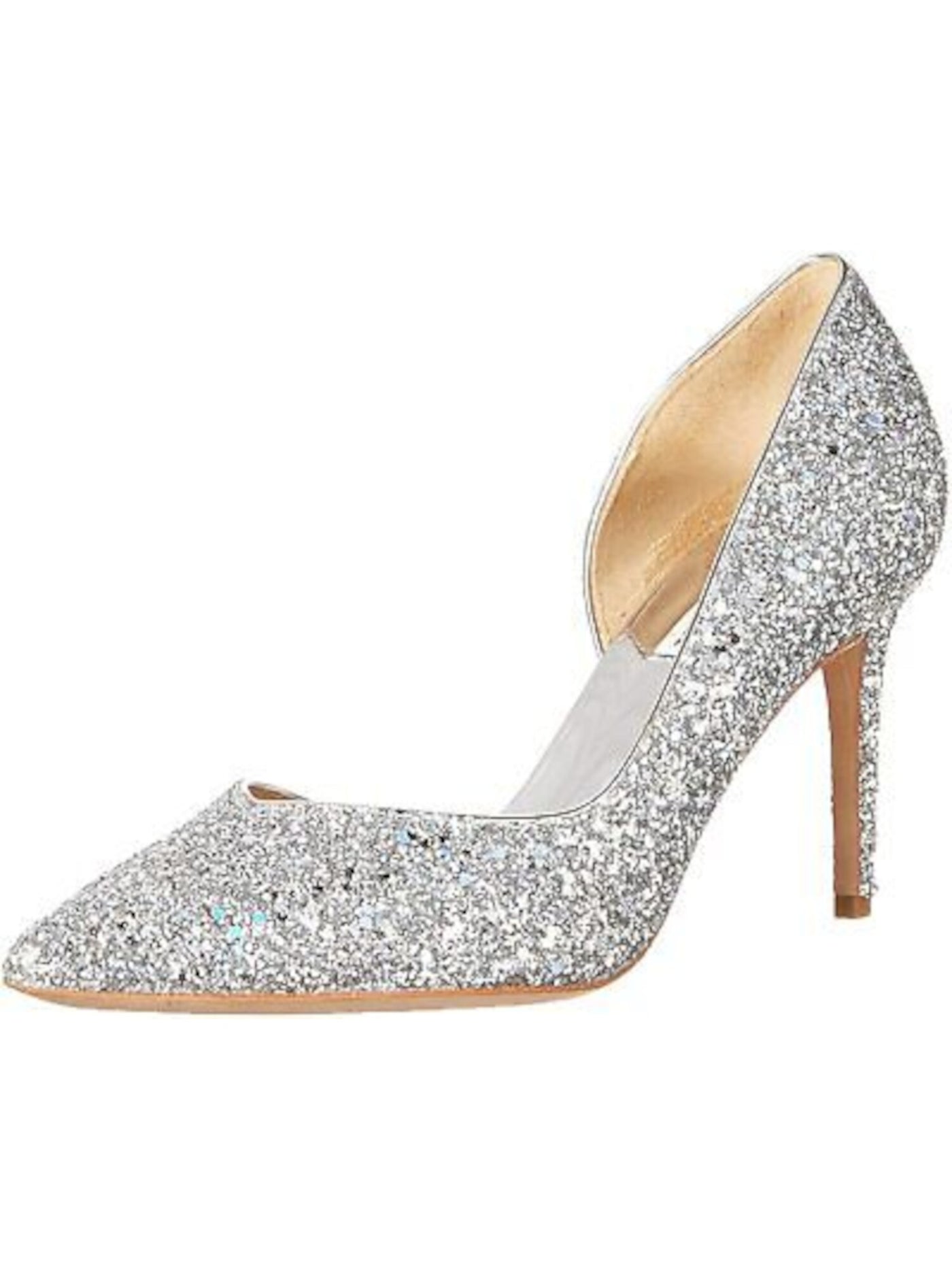 BADGLEY MISCHKA Womens Silver Dorsay Glitter Padded Daisy Pointed Toe Stiletto Slip On Leather Dress Pumps 7 M