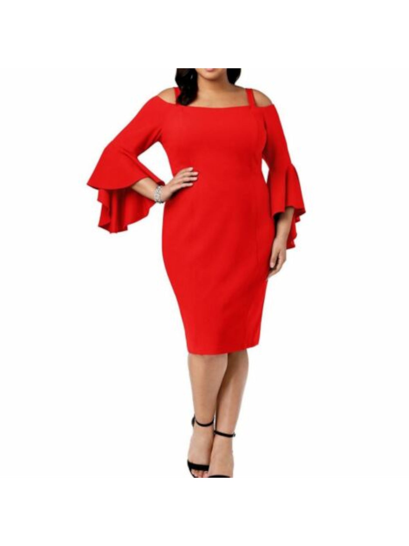 R&M RICHARDS Womens Red Stretch Cold Shoulder Zippered Removable Strap Bell Sleeve Square Neck Knee Length Cocktail Sheath Dress Plus 22W