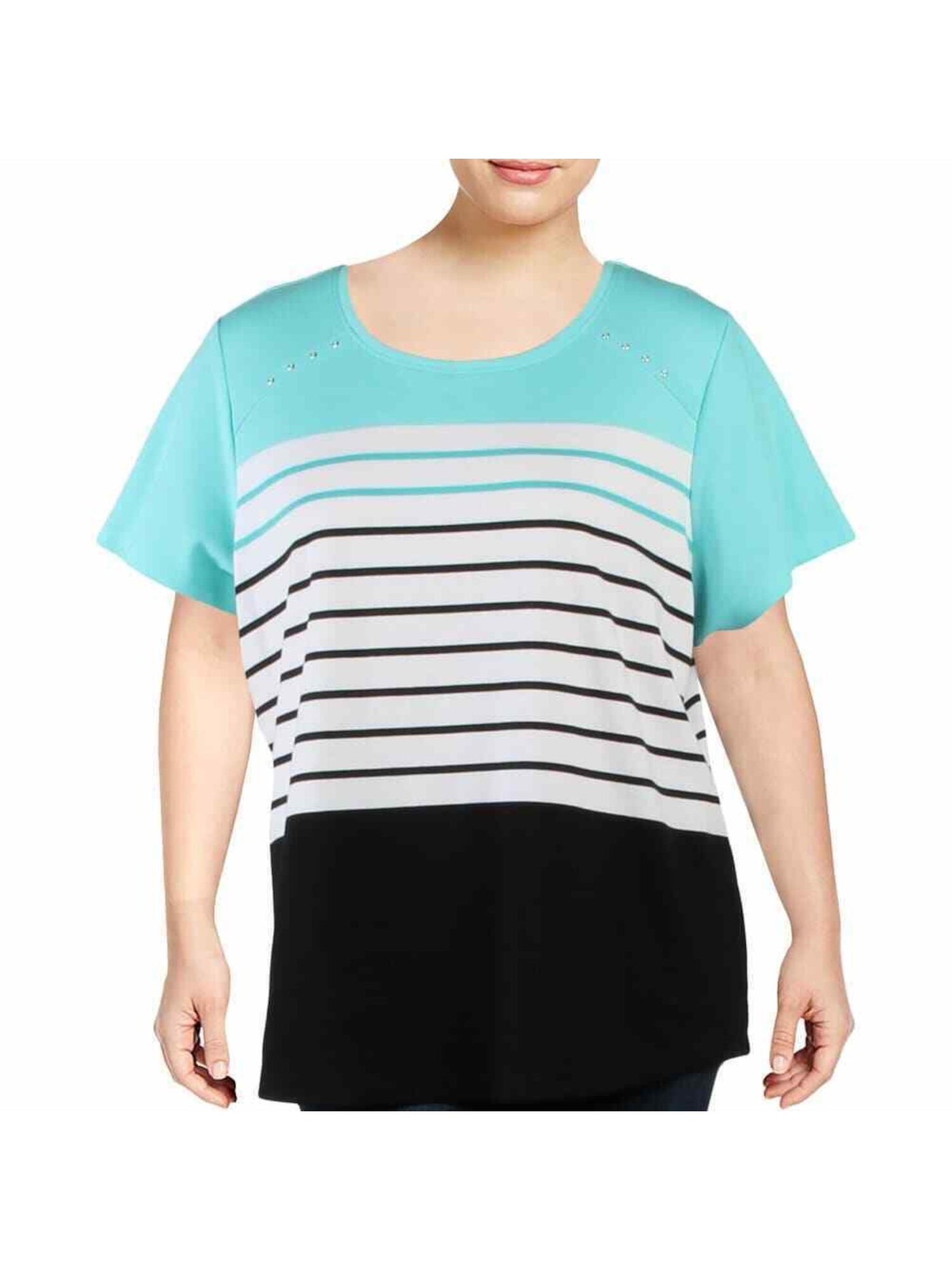 KAREN SCOTT Womens Aqua Striped Short Sleeve Scoop Neck T-Shirt Petites PS
