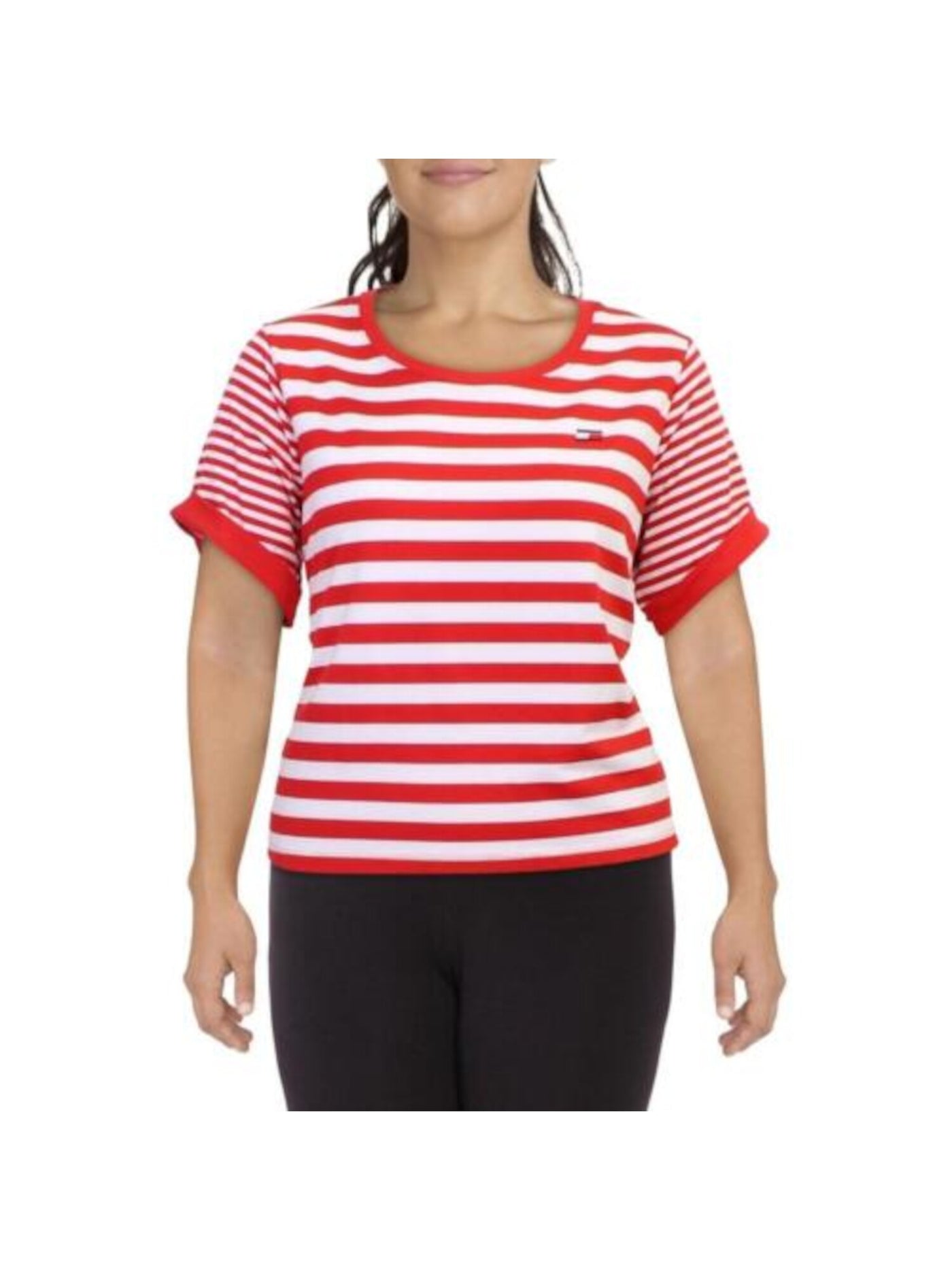 TOMMY HILFIGER SPORT Womens Red Striped Short Sleeve Round Neck T-Shirt Plus 2X