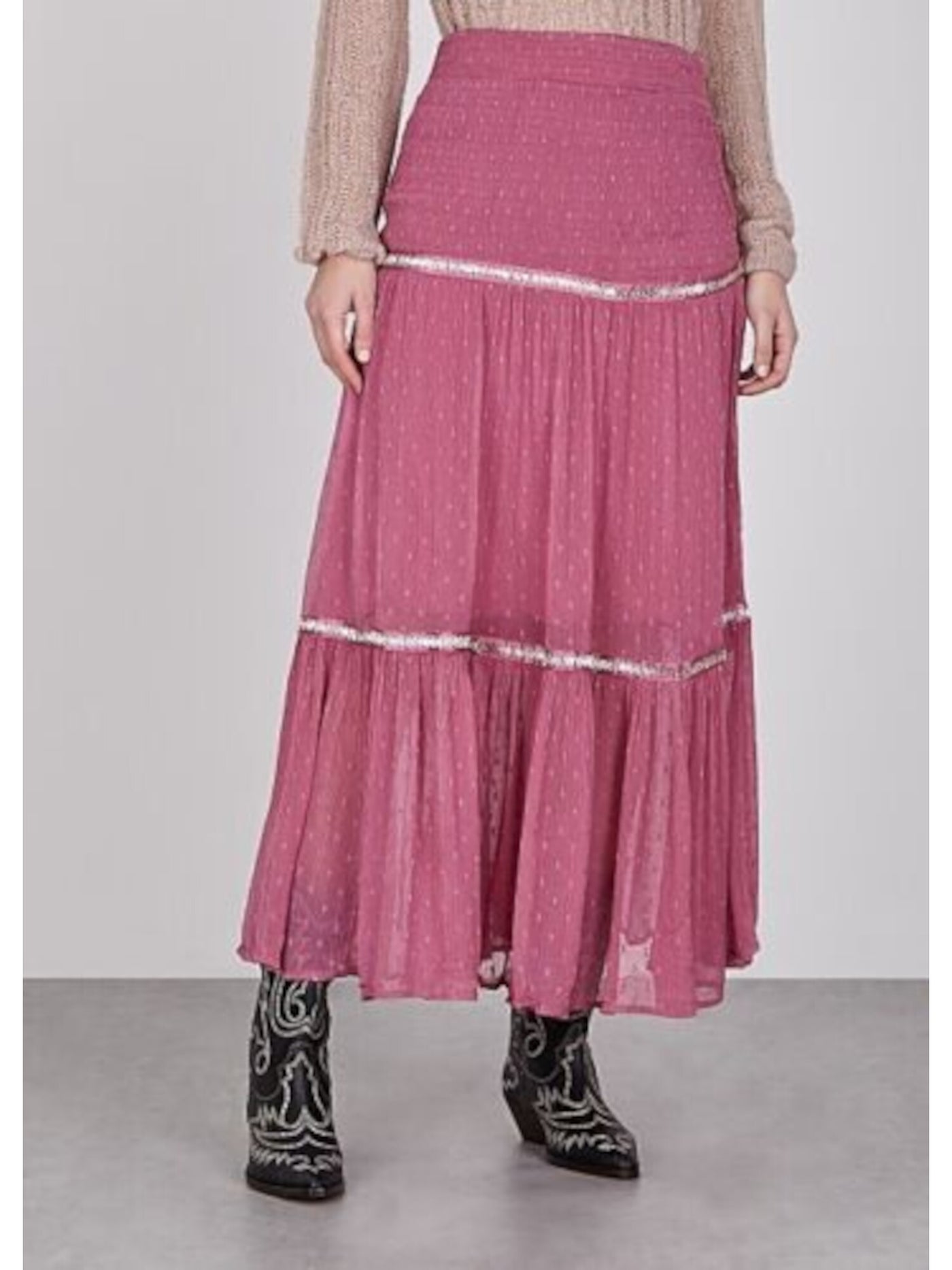 FREE PEOPLE Womens Pink Zippered Embellished Textured Pleated Tea-Length Party Peasant Skirt 10