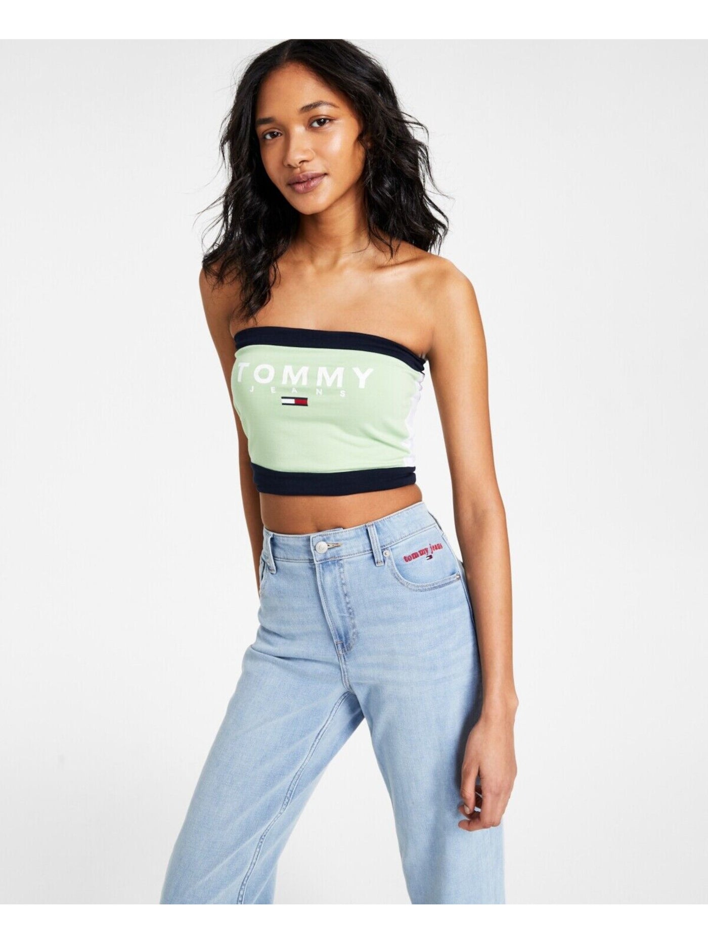 TOMMY JEANS Womens Green Logo Graphic Sleeveless Strapless Tube Top L