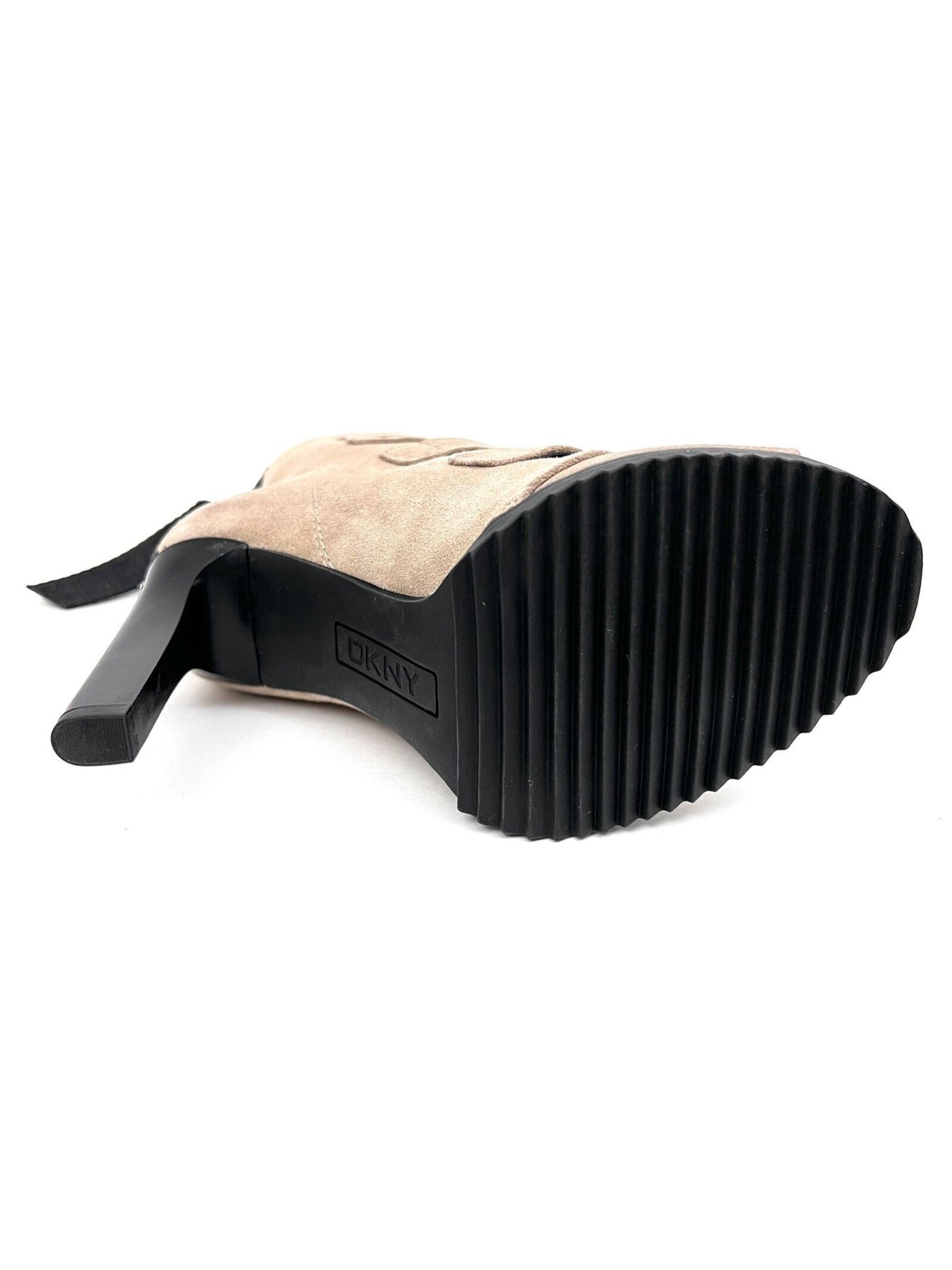 DKNY Womens Beige Hook & Loop Logo Tassle Padded Strappy Blake Peep Toe Stiletto Zip-Up Suede Heeled Boots M