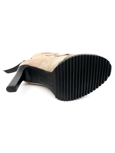 DKNY Womens Beige Hook & Loop Logo Tassle Padded Strappy Blake Peep Toe Stiletto Zip-Up Suede Heeled Boots M