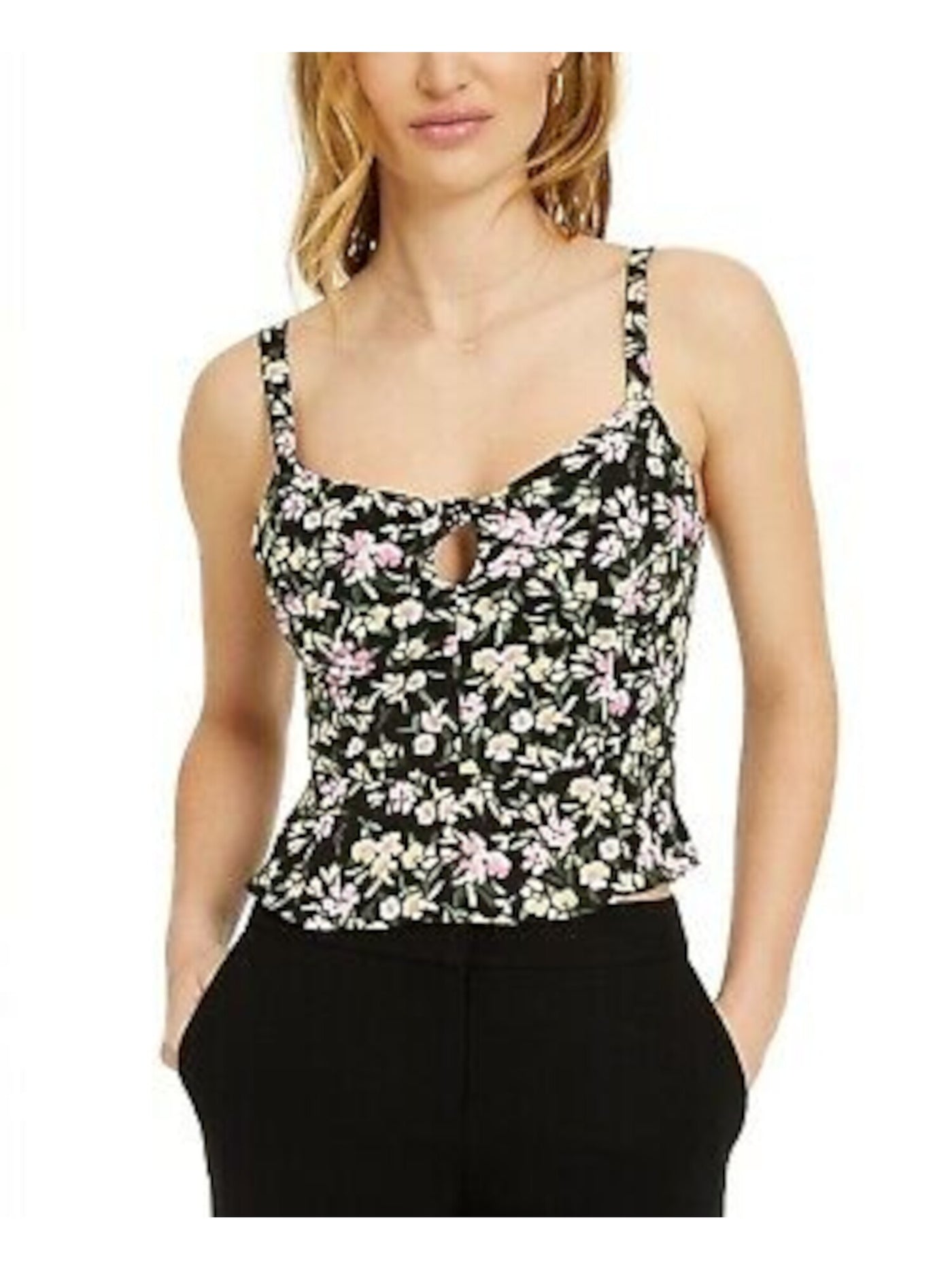 BAR III Womens Black Floral Spaghetti Strap Square Neck Top M