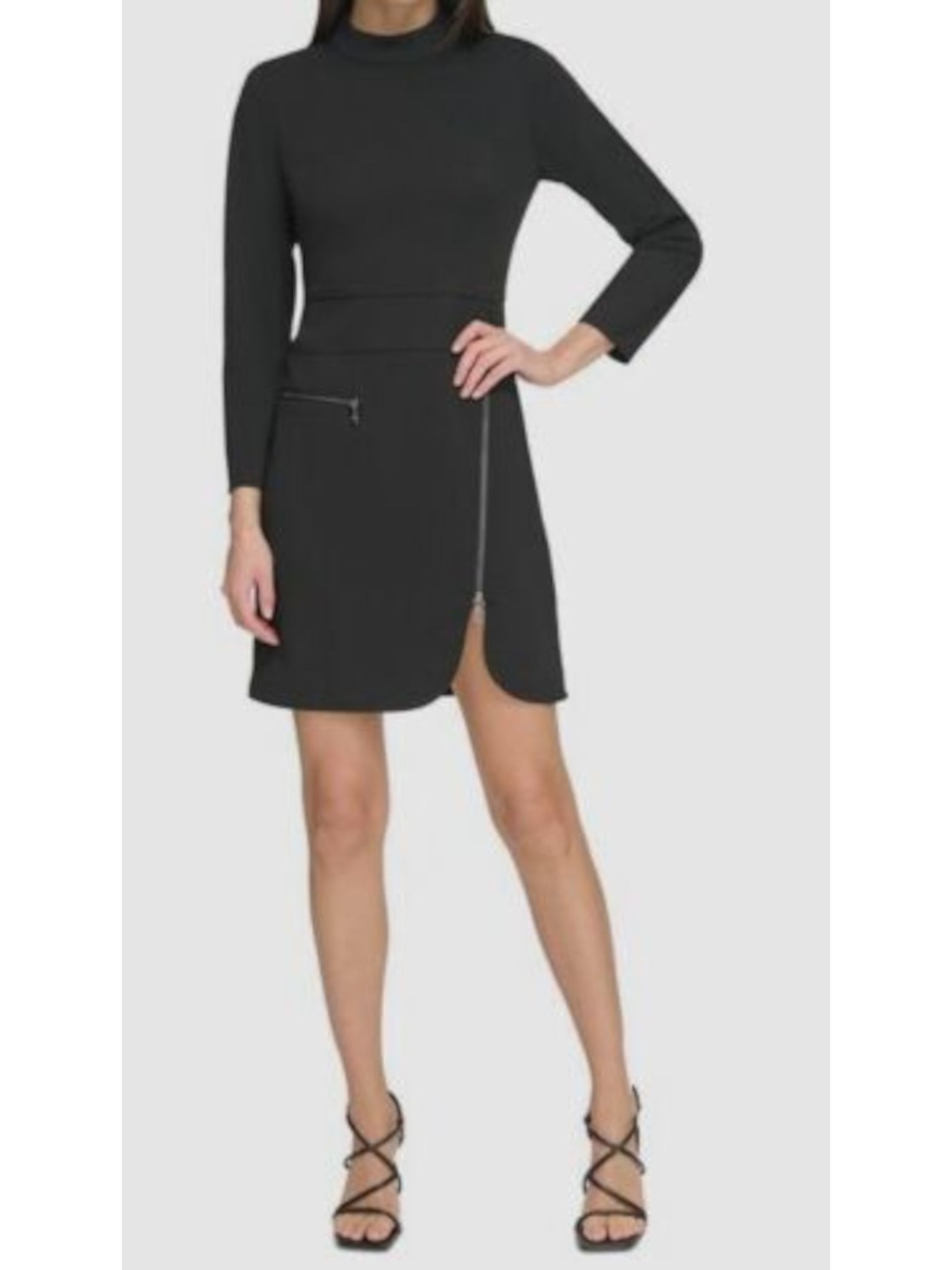 DKNY Womens Black Zippered Lined Asymmetric Zipper Hem Long Sleeve Mock Neck Short Wear To Work Sheath Dress 4
