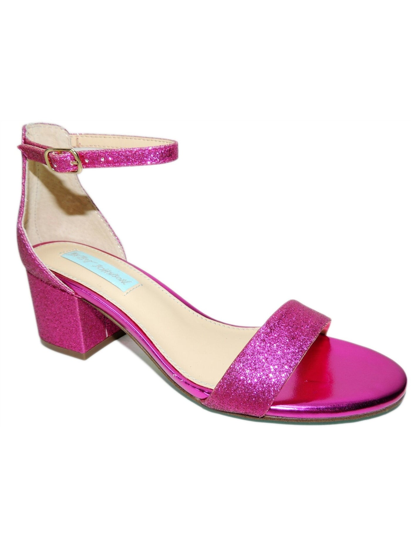 BETSEY JOHNSON Womens Fuchsia Pink Glitter Ankle Strap Blue Miri Open Toe Block Heel Buckle Dress Heeled Sandal 7.5 M