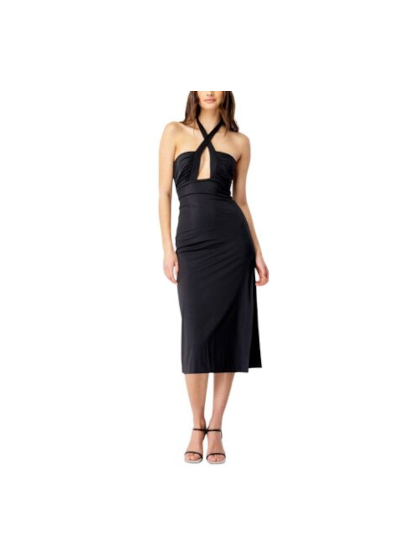 BARDOT Womens Black Zippered Cut Out Gathered Tie Slitted Lined Sleeveless Halter Midi Cocktail Sheath Dress M