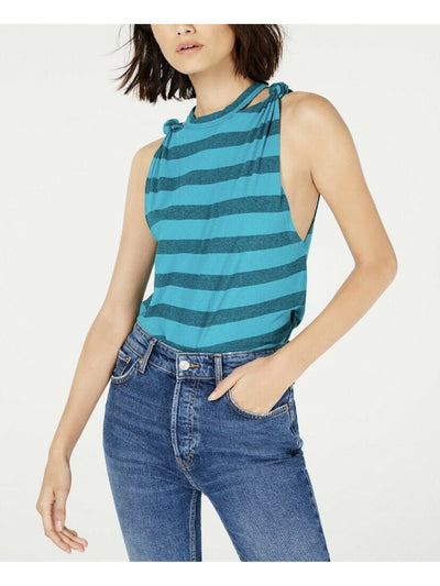 FREE PEOPLE Womens Teal Twist Sleeves Striped Sleeveless Crew Neck Top M