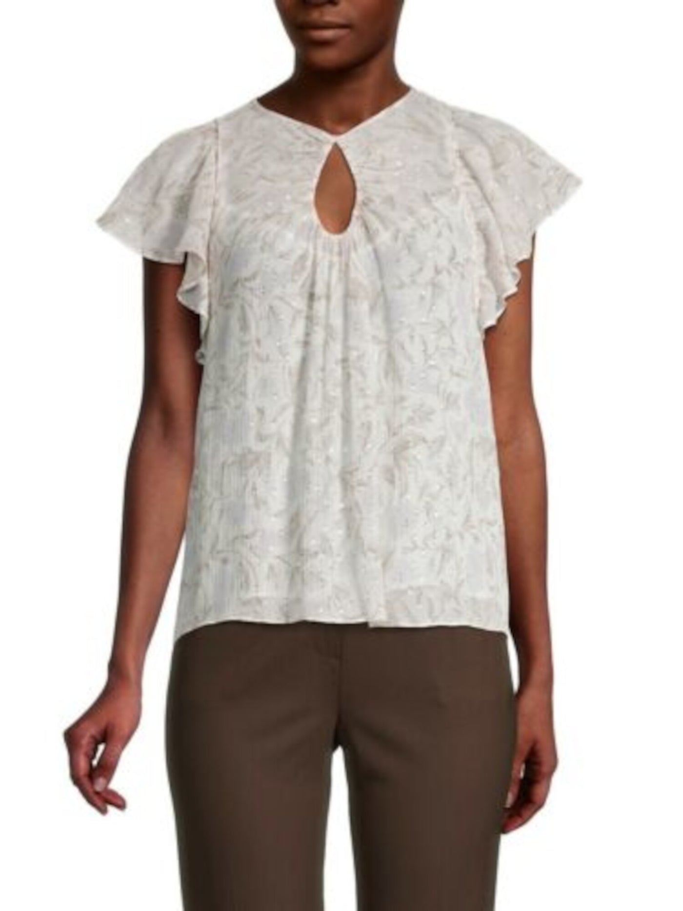 REBECCA TAYLOR Womens White Metallic Sheer Lined Floral Flutter Sleeve Keyhole Top 00