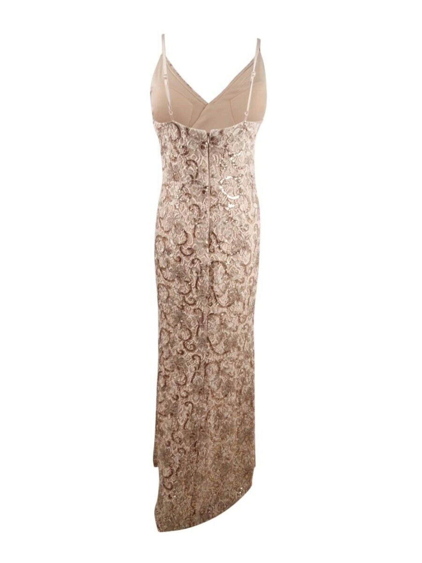 VINCE CAMUTO Womens Beige Sequined Lace Floral Spaghetti Strap V Neck Full-Length Formal Sheath Dress 6