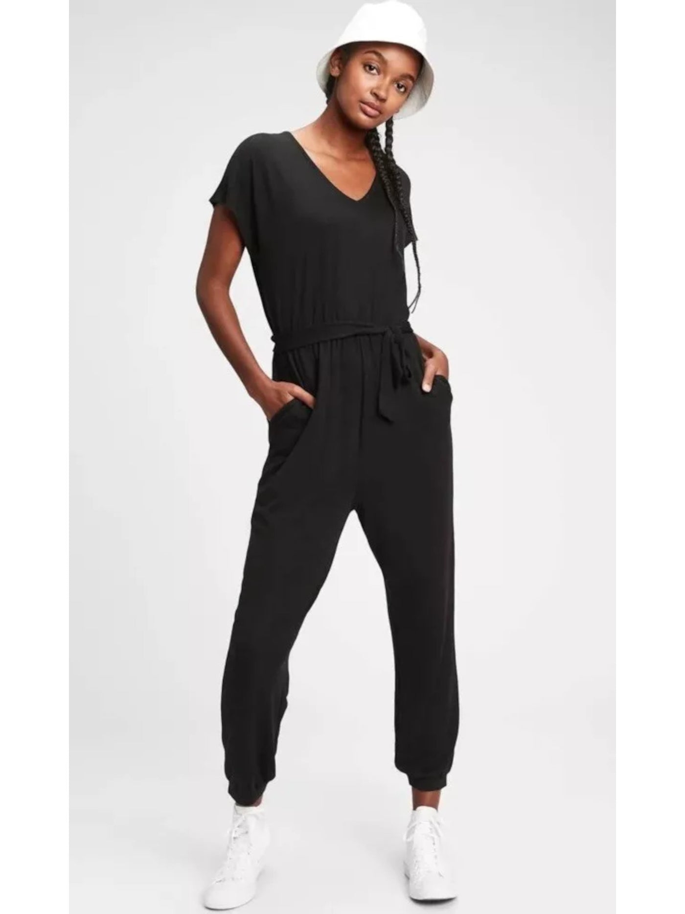 GAP Womens Black Gathered Belted Elastic Waist Pull-on Short Sleeve V Neck Cuffed Jumpsuit XS