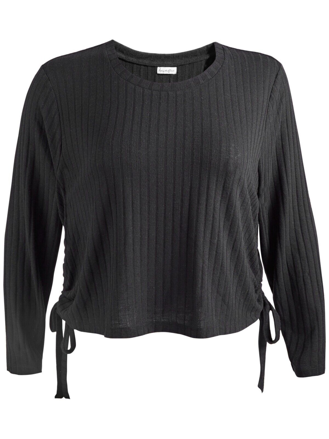 LOVE FIRE Womens Black Stretch Sheer Ribbed Side Ruching With Tunnel Ties Long Sleeve Crew Neck Top Plus 2X
