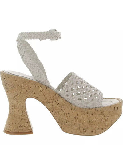 PALOMA BARCELO Womens White Padded Woven Ankle Strap Almond Toe Flare Buckle Leather Heeled Sandal 40