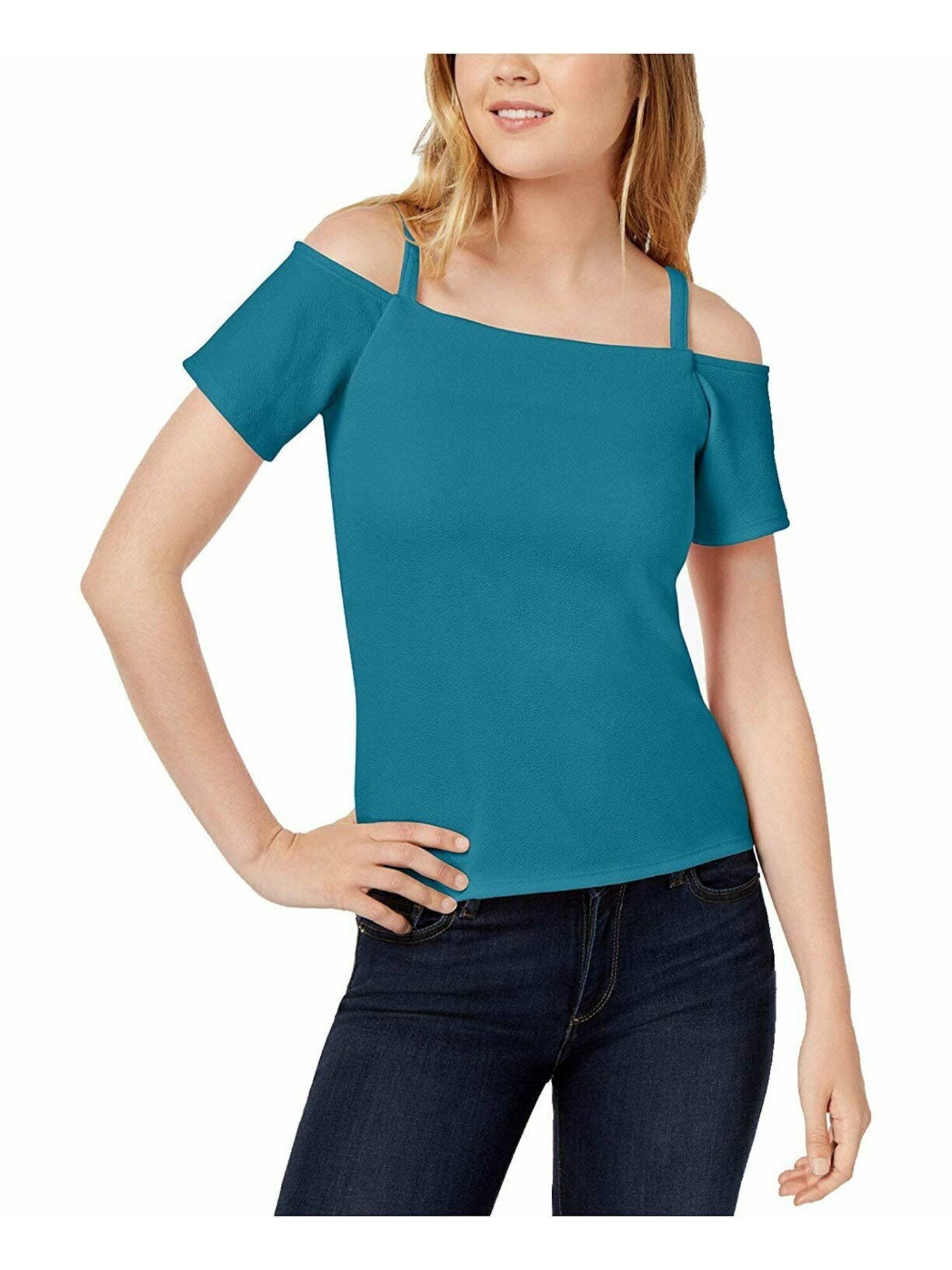 BAR III Womens Turquoise Cold Shoulder Short Sleeve Square Neck Top Size: XS