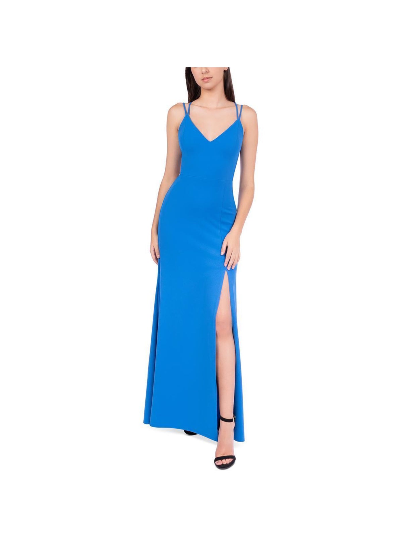 B DARLIN Womens Blue Zippered Lined Lace-up Open Back Thigh-hi Slit Spaghetti Strap V Neck Full-Length  Gown Prom Dress Juniors 3\4