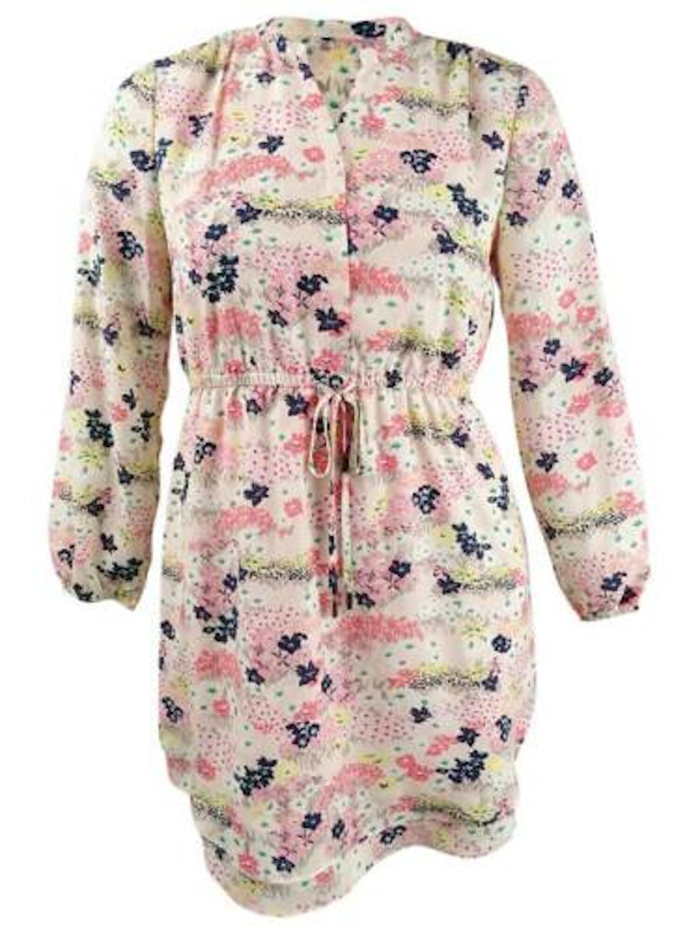 MAISON JULES Womens Pink Drawstring Floral Long Sleeve V Neck Short Shirt Dress S