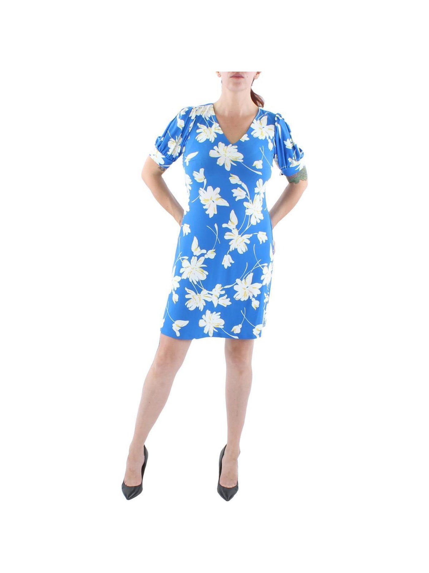 TOMMY HILFIGER Womens Blue Unlined Pullover Floral Pouf Sleeve V Neck Above The Knee Wear To Work Shift Dress 4
