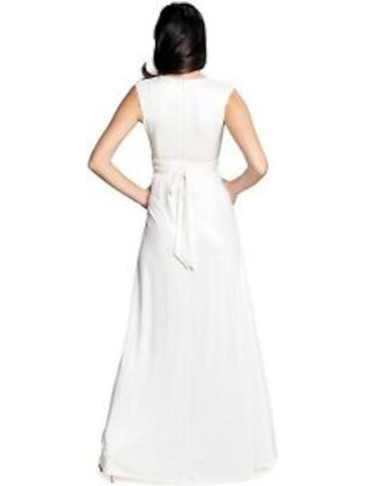 DRESS THE POPULATION Womens Ivory Stretch Ruched Zippered Cinched Waist Belted Slitted Sleeveless V Neck Full-Length Evening Fit + Flare Dress M