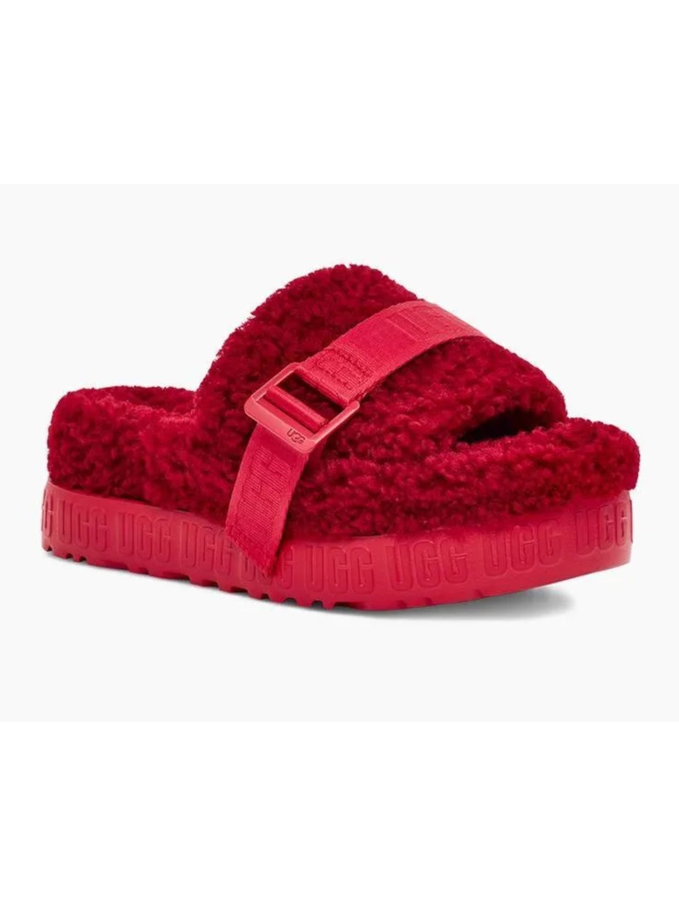 UGG Womens Red Buckled Vamp Strap Fluffita Round Toe Slip On Leather Slippers Shoes 9