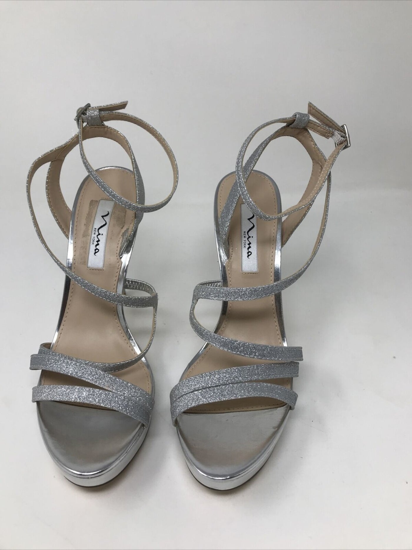 NINA Womens Silver 1" Platform Cushioned Strappy Almond Toe Stiletto Buckle Dress Sandals Shoes 10