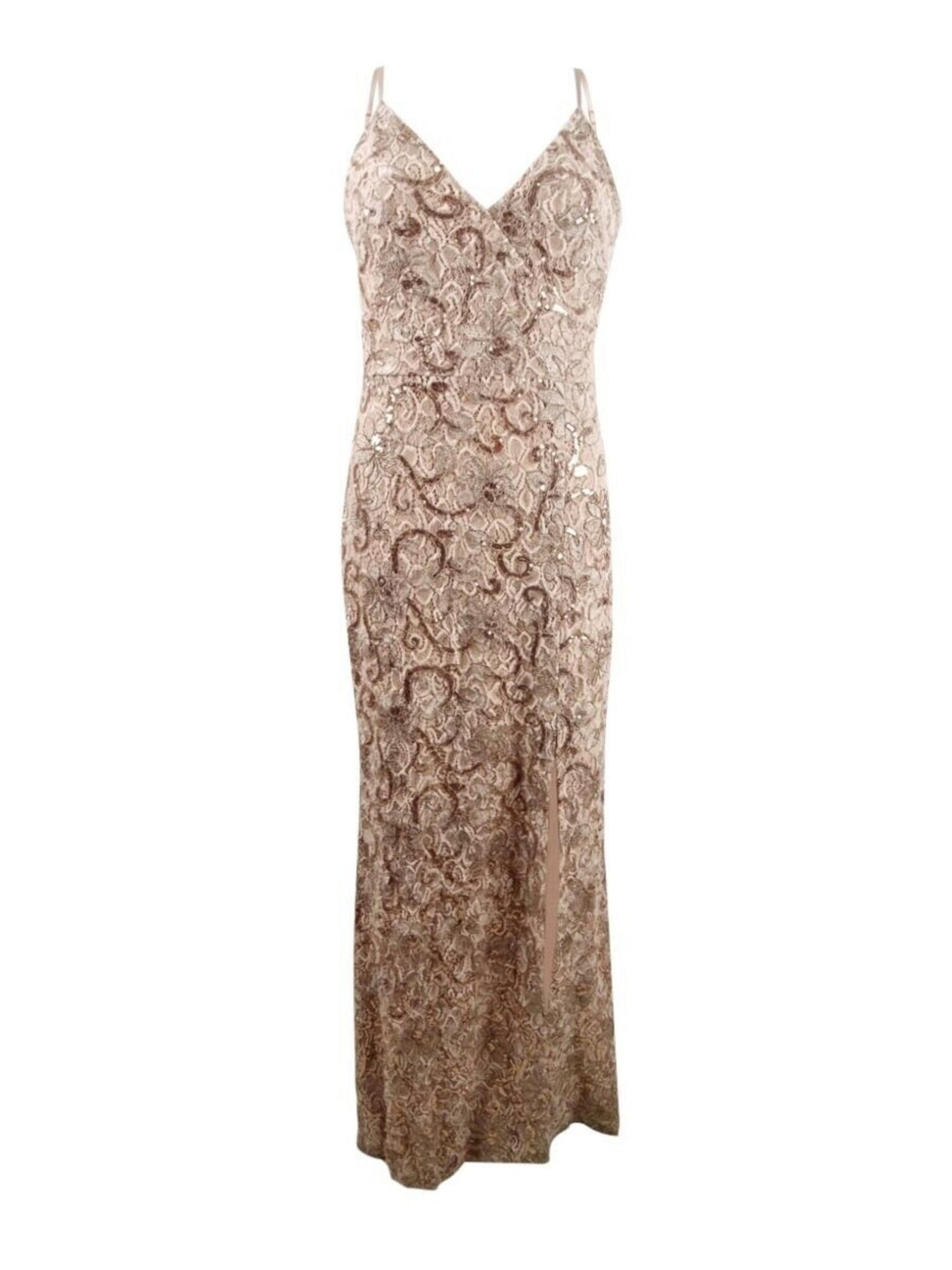 VINCE CAMUTO Womens Beige Sequined Lace Floral Spaghetti Strap V Neck Full-Length Formal Sheath Dress 6