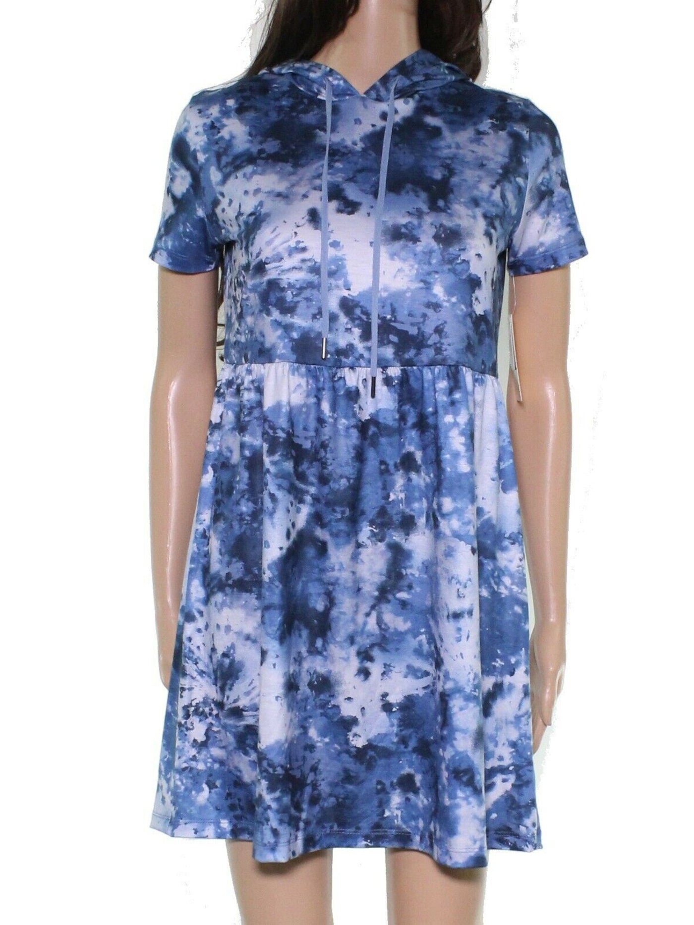 Bebop Womens Blue Stretch Hooded Tie Dye Short Sleeve Crew Neck Above The Knee Fit + Flare Dress Juniors XXS, Women's