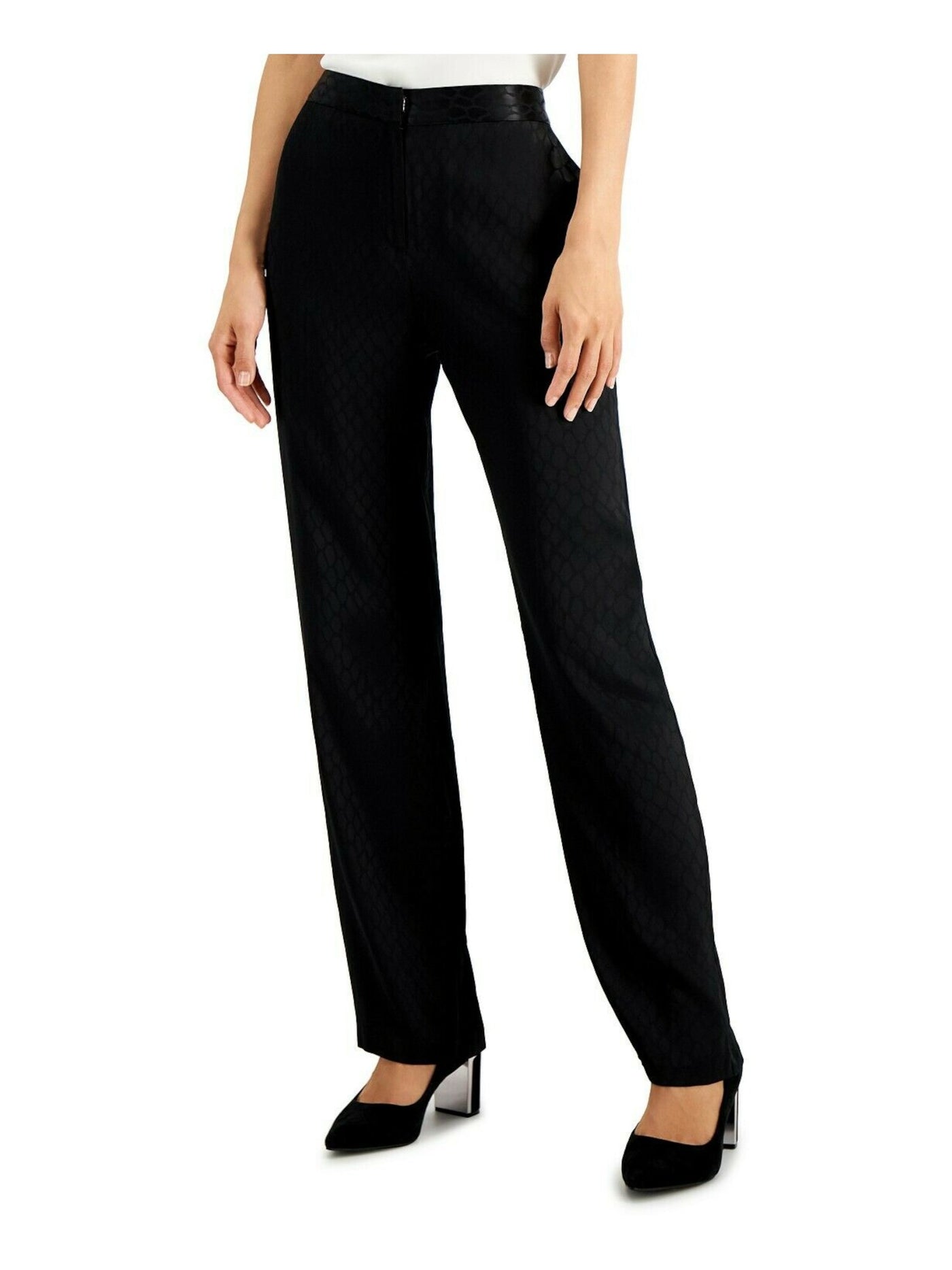 ALFANI Womens Black Pocketed Animal Print Wear To Work Straight leg Pants Petites 2P