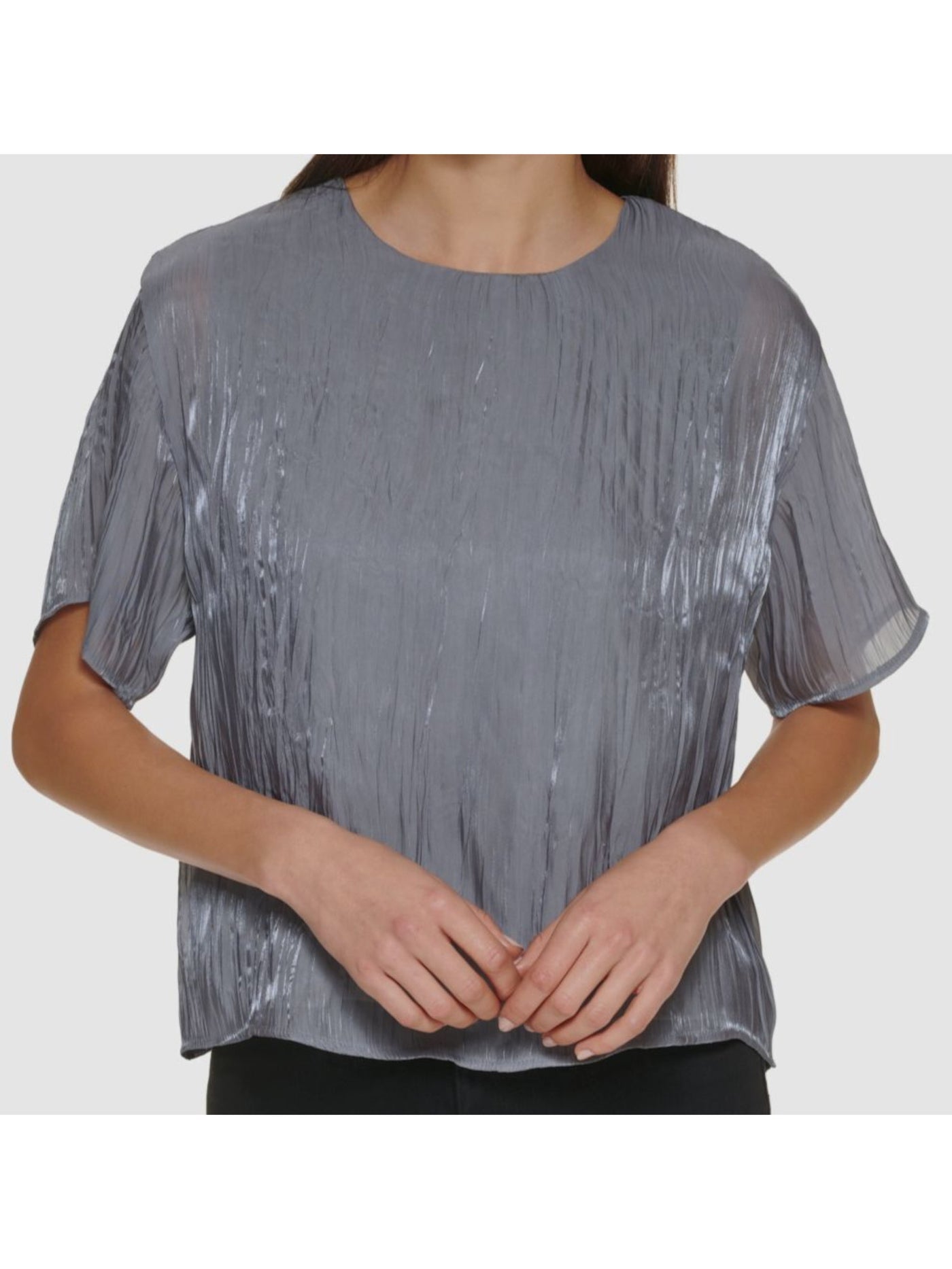 CALVIN KLEIN Womens Gray Metallic Lined Back Button Keyhole Crinkle Short Sleeve Crew Neck Party Top XS