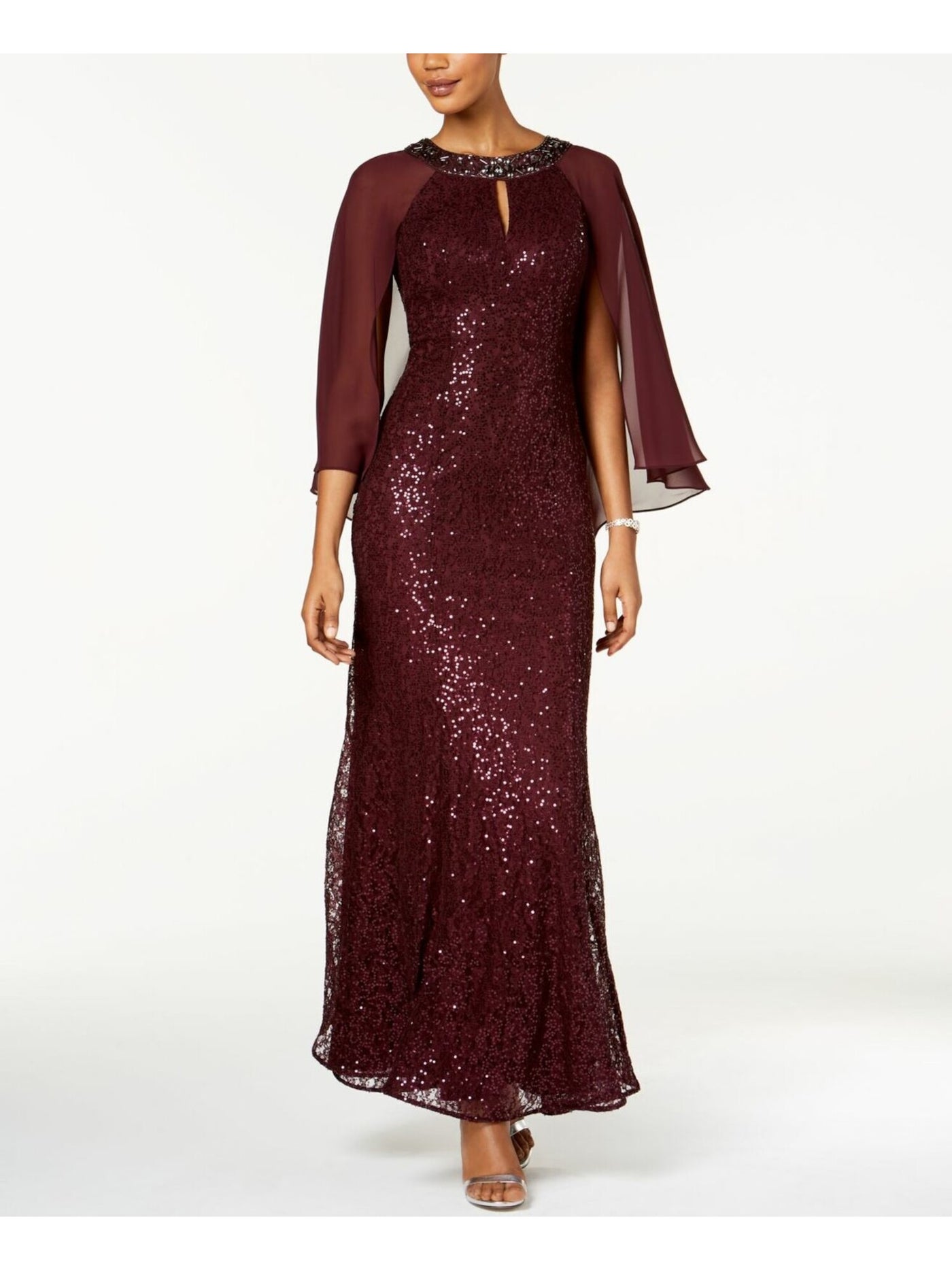 SLNY Womens Burgundy Sequined Lace Sleeveless Keyhole Maxi Formal Fit + Flare Dress 6