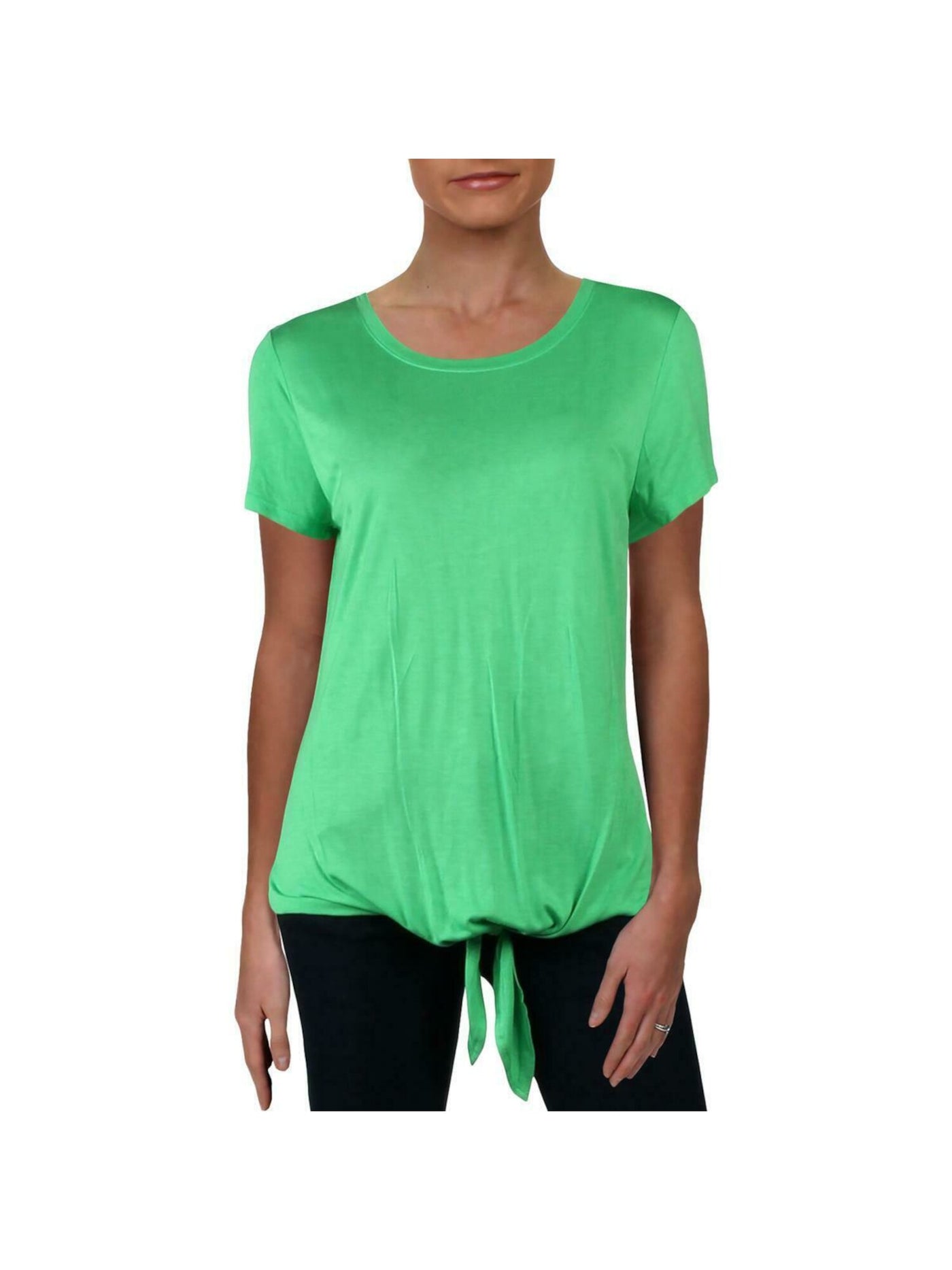 INC Womens Green Tie Short Sleeve Jewel Neck Top S