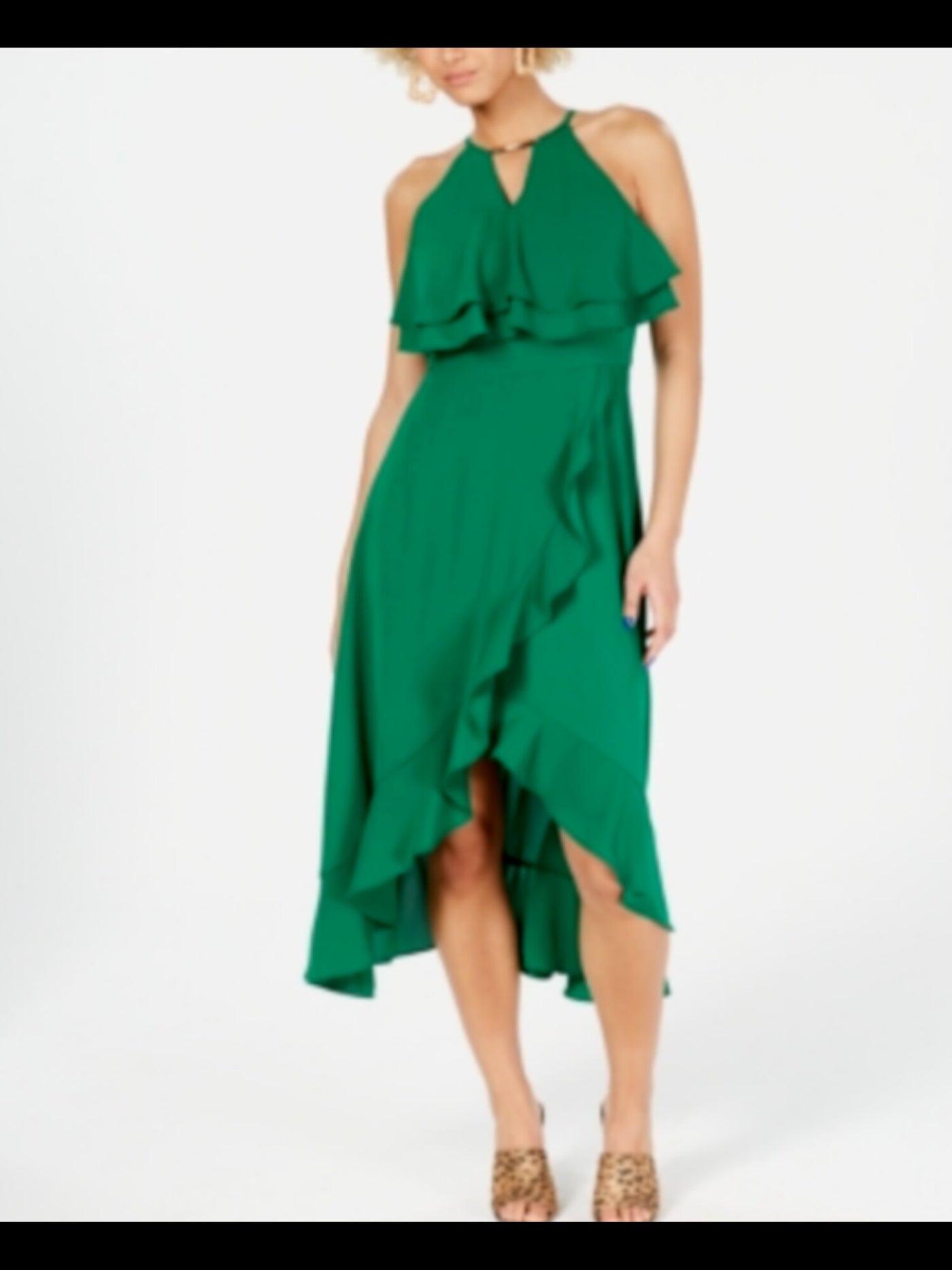 KENSIE DRESSES Womens Green Embellished Ruffled Halter Popover Sleeveless Keyhole Below The Knee Party Fit + Flare Dress 0