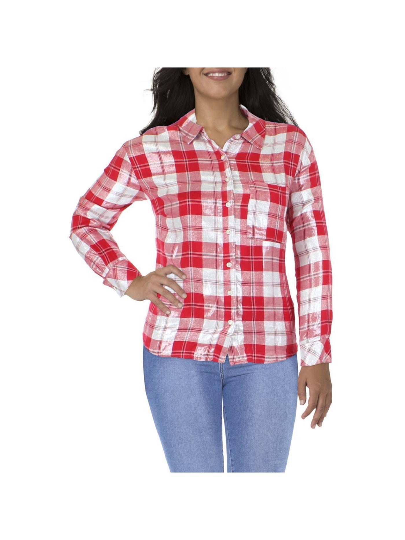 STYLE & COMPANY Womens Red Pocketed Metallic Plaid Cuffed Sleeve Point Collar Boyfriend Top Petites PP