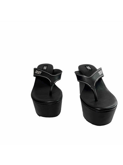 DKNY Womens Black 2" Platform Comfort Logo Trina Round Toe Wedge Slip On Thong Sandals Shoes 6 M