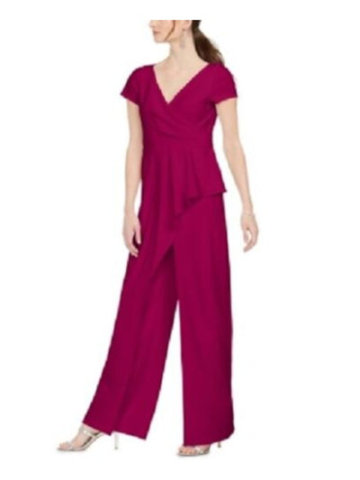 ADRIANNA PAPELL Womens Zippered Ruffled Cap Sleeve V Neck Wide Leg Jumpsuit