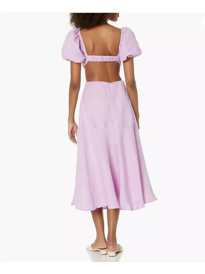 ASTR Womens Purple Cut Out Ruched Elastic Back Zippered Lined Pouf Sleeve Sweetheart Neckline Midi Party Fit + Flare Dress M