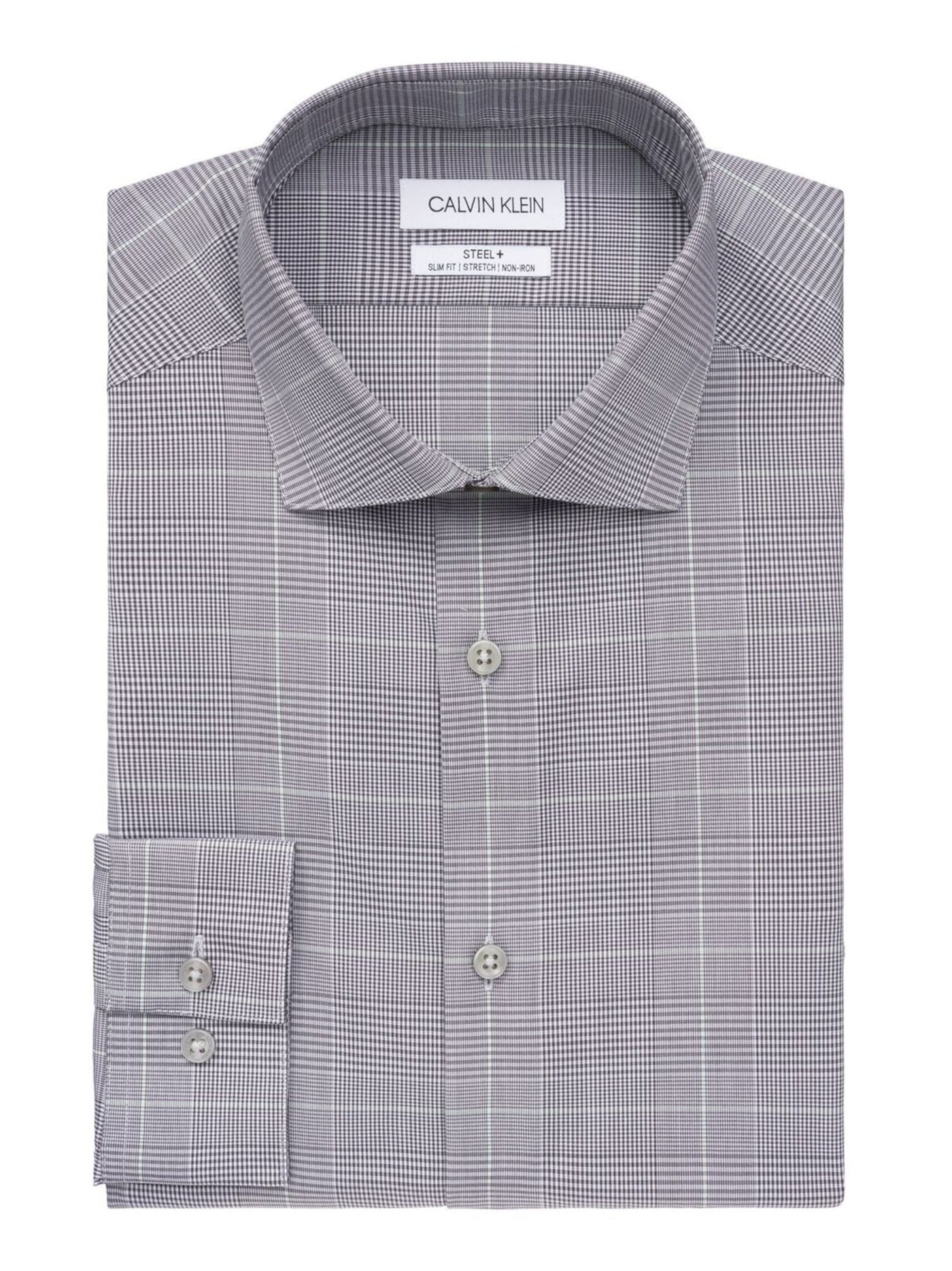 CALVIN KLEIN Mens Black Plaid Spread Collar Slim Fit Dress Shirt 17.5- 36/37