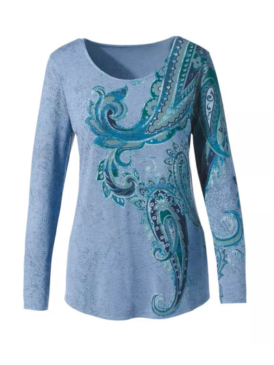 CHICOS Womens Blue Paisley Long Sleeve Scoop Neck T-Shirt 3(16\18)