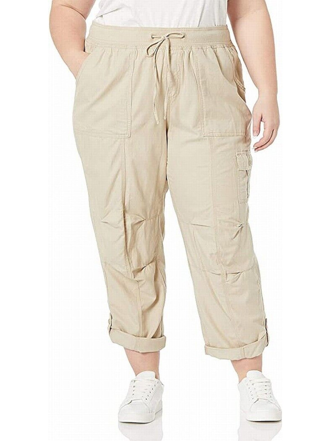 TOMMY HILFIGER Womens Beige Pocketed Mid-rise Drawstring Straight Leg Cargo Pants Plus 0X