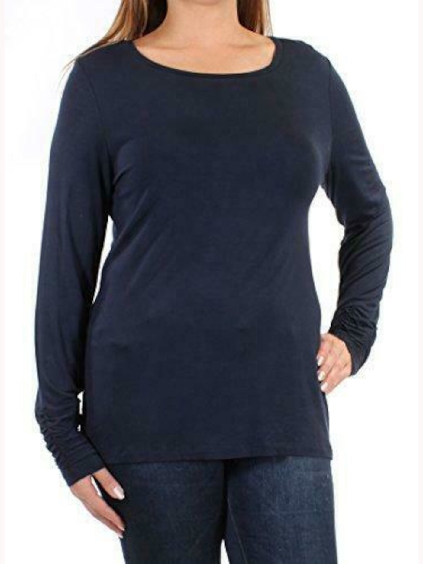 ALFANI Womens Navy Solid Long Sleeve Jewel Neck Top Size: S