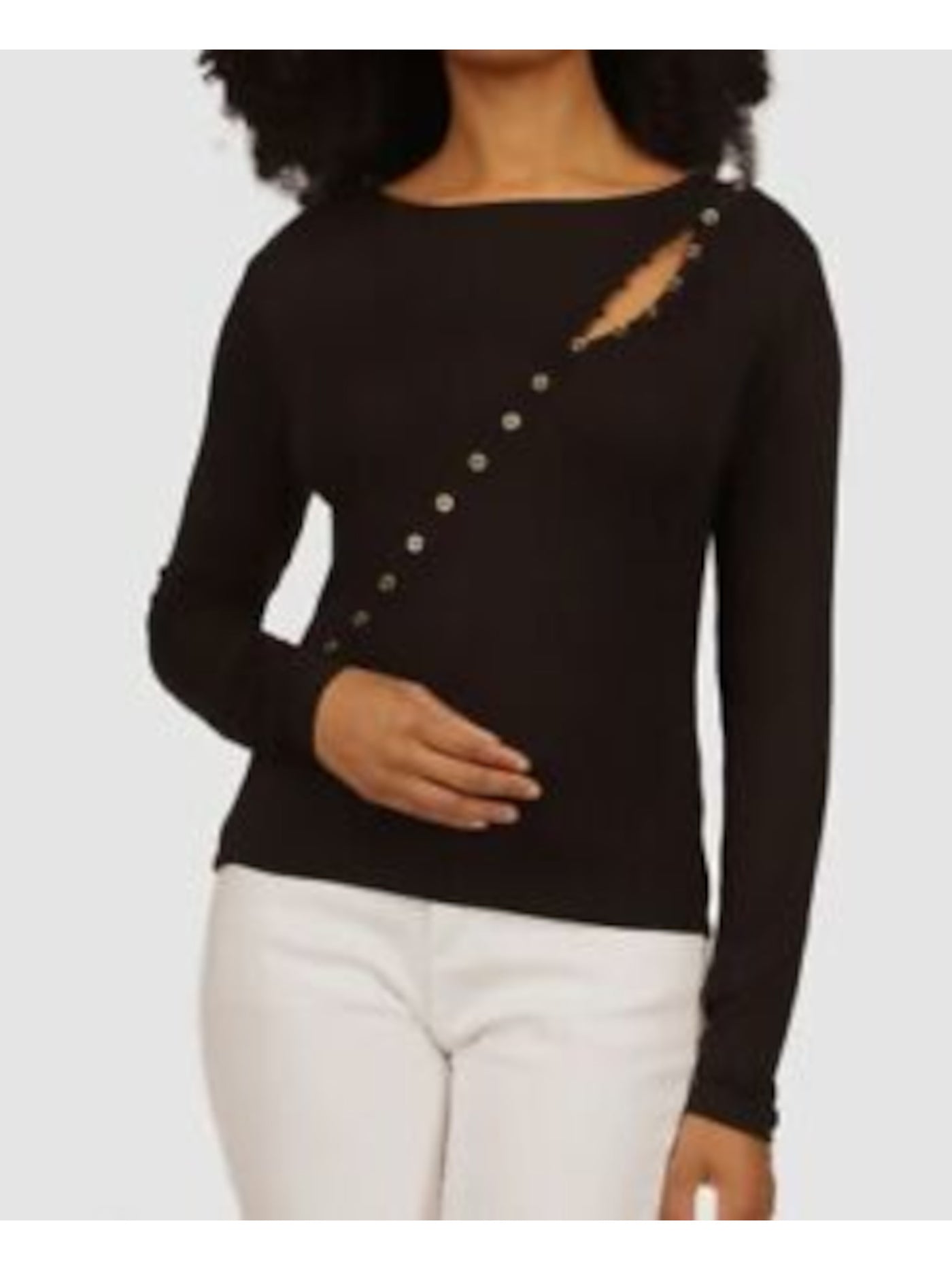 MICHAEL MICHAEL KORS Womens Black Fitted Asymmetrical Button Front Long Sleeve Boat Neck Top XL